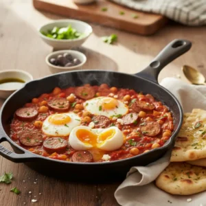 Chicken Sausage Chickpea Shakshuka with Soft-Boiled Eggs
