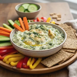 Spinach Artichoke Cottage Cheese Dip with Veggies and Crackers