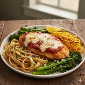 Chicken Parmesan over fresh made Sourdough Pasta or Spaghetti Squash