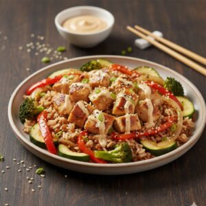 Hibachi Chicken over Sprouted brown rice with classic veggies and yum yum sauce