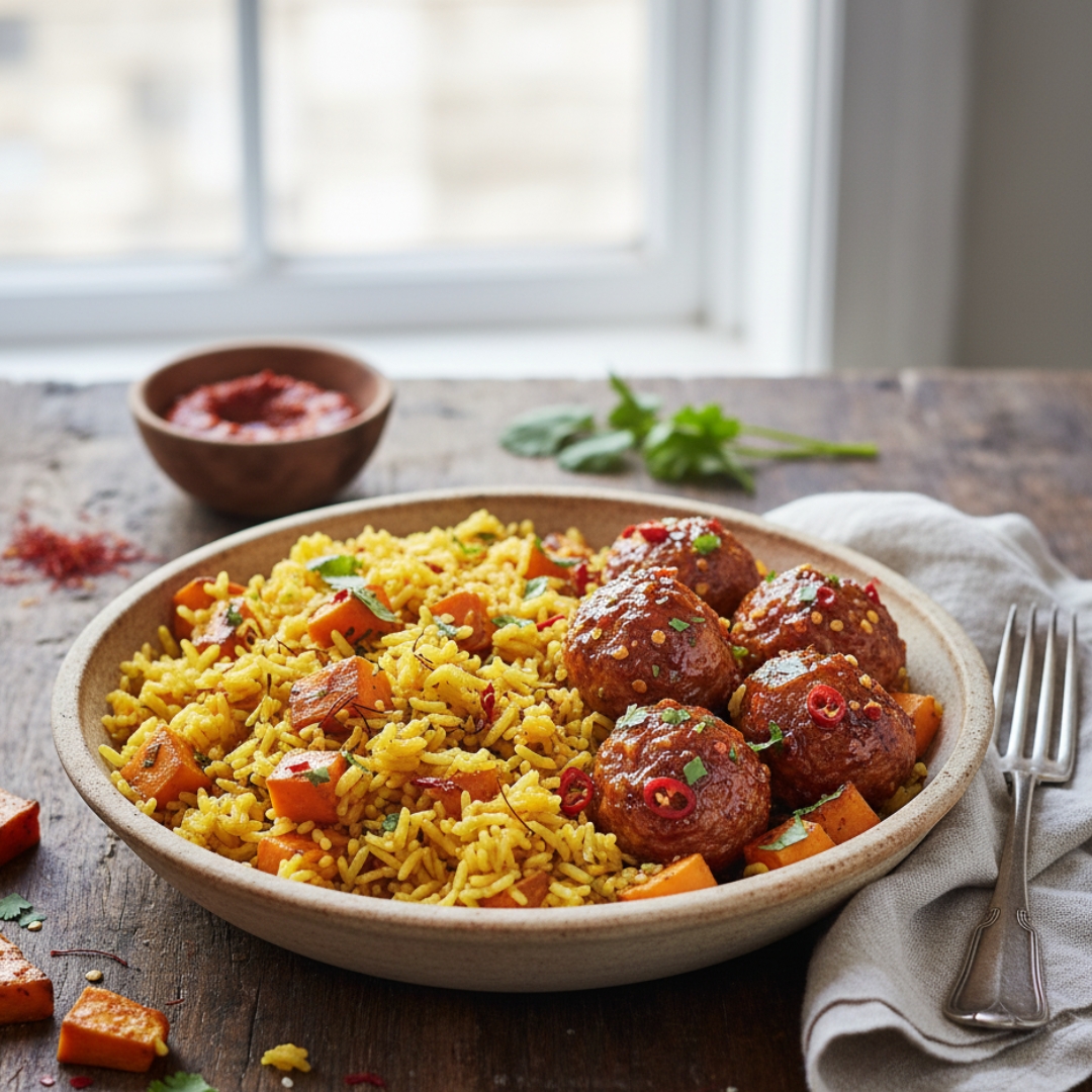 Honey Harissa Tuna Balls with Saffron Rice & Roasted Sweet Potatoes