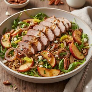 Roasted Apple Farro Salad with Maple Mustard Vinaigrette & Pork Tenderloin