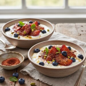Sumac Cardamom Roasted Plum & Blueberry Yogurt Bowls