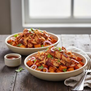 Traeger Smoked Pulled Chicken Bowls over Sweet Potatoes