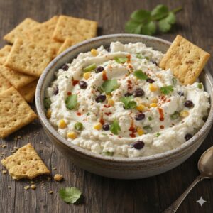 White Chicken Chili Cottage Cheese Dip with Crackers